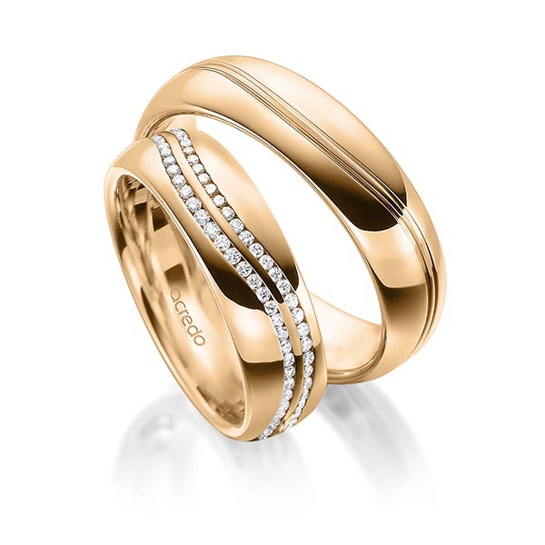 Paar klassische Memoire-Trauringe/Eheringe in Roségold 585 vollausgefasst mit zus. 0,59 ct. Brillant tw, si von acredo