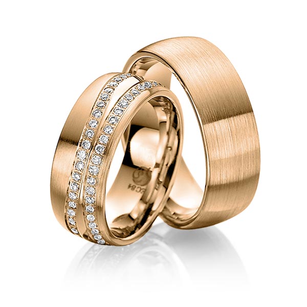Paar klassische Memoire-Trauringe/Eheringe in Roségold 585 vollausgefasst mit zus. 0,96 ct. Brillant tw, si von Steinberg