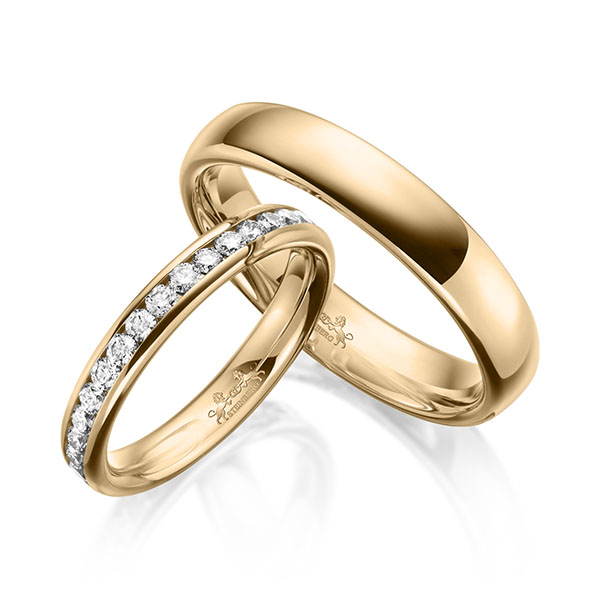 Paar klassische Memoire-Trauringe/Eheringe in Roségold 585 vollausgefasst mit zus. 0,99 ct. Brillant tw, si von Steinberg
