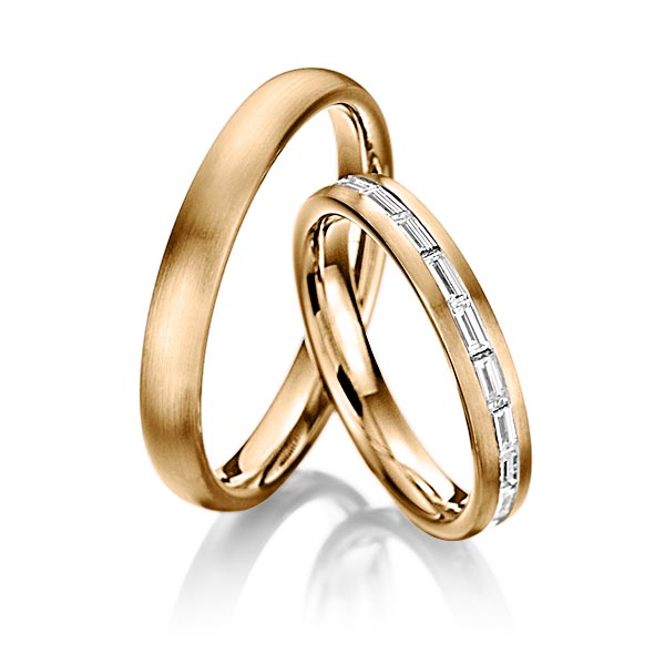 Paar klassische Memoire-Trauringe/Eheringe in Roségold 585 vollausgefasst mit zus. 1,38 ct. Baguette-Diamant tw, vs von 123GOLD