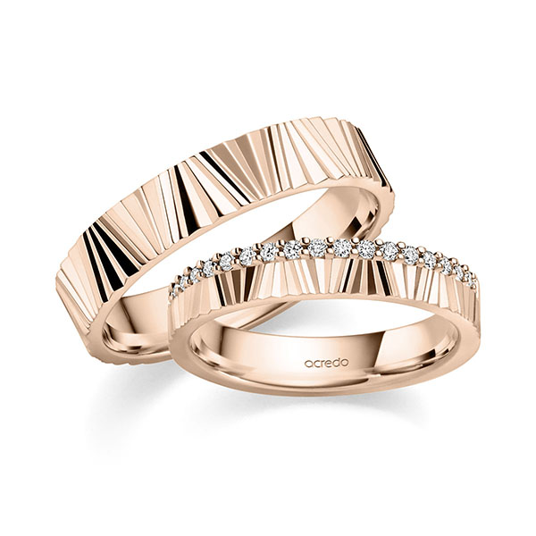 Paar klassische Memoire-Trauringe/Eheringe in Rotgold 585 halbausgefasst mit zus. 0,19 ct. tw, si von acredo