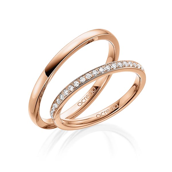 Paar klassische Memoire-Trauringe/Eheringe in Rotgold 585 halbausgefasst mit zus. 0,21 ct. Brillant tw, si von acredo