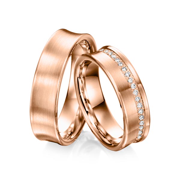 Paar klassische Memoire-Trauringe/Eheringe in Rotgold 585 halbausgefasst mit zus. 0,21 ct. Brillant tw, si von Steinberg