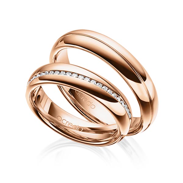 Paar klassische Memoire-Trauringe/Eheringe in Rotgold 585 halbausgefasst mit zus. 0,2 ct. Brillant tw, si von acredo