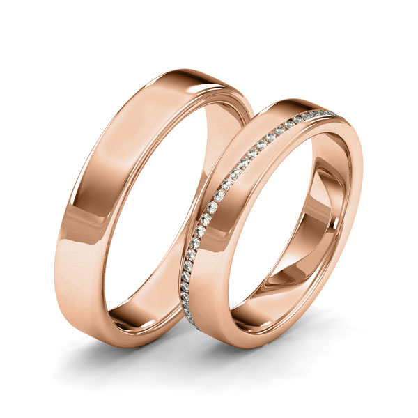 Paar klassische Memoire-Trauringe/Eheringe in Rotgold 585 vollausgefasst mit zus. 0,29 ct. Brillant tw, si von Merii