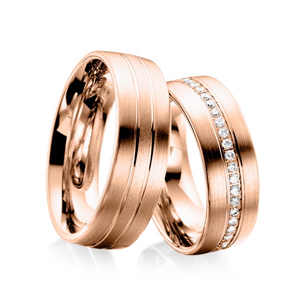 Paar klassische Memoire-Trauringe/Eheringe in Rotgold 585 vollausgefasst mit zus. 0,43 ct. Brillant tw, si von Steinberg
