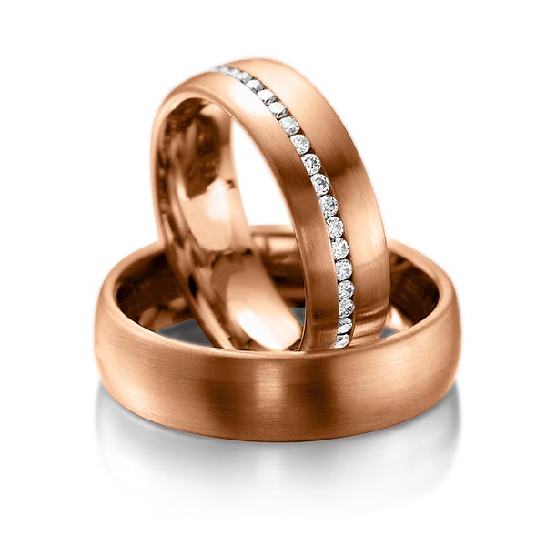 Paar klassische Memoire-Trauringe/Eheringe in Rotgold 585 vollausgefasst mit zus. 0,46 ct. Brillant tw, si von acredo