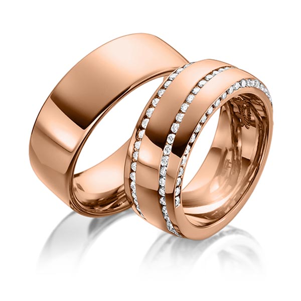Paar klassische Memoire-Trauringe/Eheringe in Rotgold 585 vollausgefasst mit zus. 1,31 ct. Brillant tw, si von Steinberg