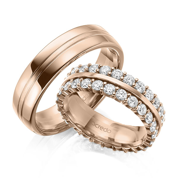 Paar klassische Memoire-Trauringe/Eheringe in Rotgold 585 vollausgefasst mit zus. 2,5 ct. tw, si von acredo