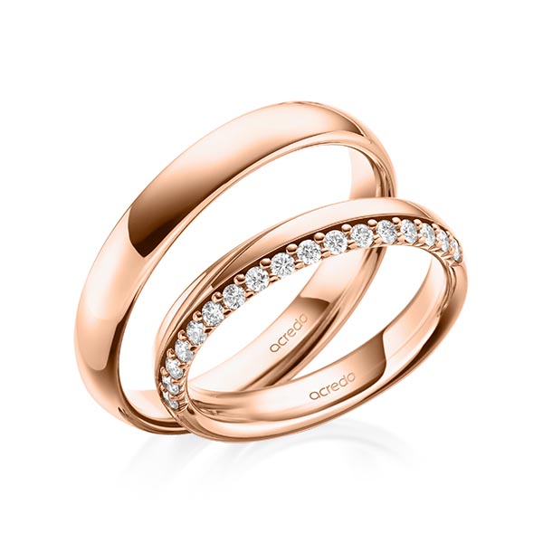 Paar klassische Memoire-Trauringe/Eheringe in Rotgold 750 halbausgefasst mit zus. 0,255 ct. tw, si von acredo - A-2106-4 Paar klassische Memoire-Trauringe/Eheringe in Rotgold 750 halbausgefasst mit zus. 0,255 ct. tw, si von acredo - A-2106-4