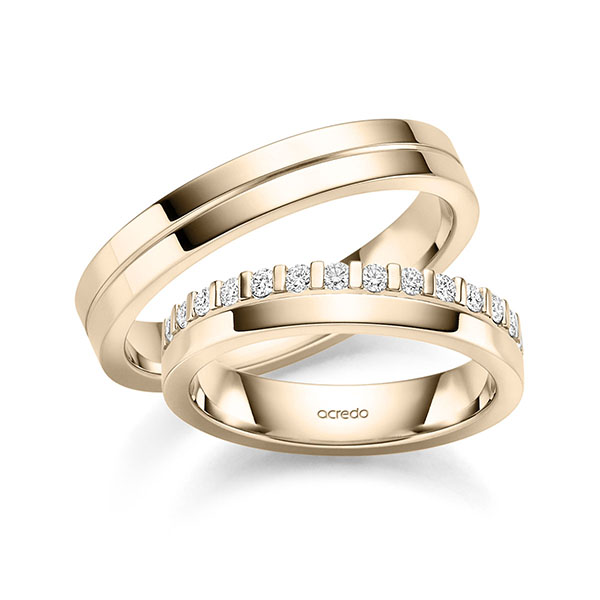 Paar klassische Memoire-Trauringe/Eheringe in Signature Gold 585 halbausgefasst mit zus. 0,28 ct. tw, si von acredo