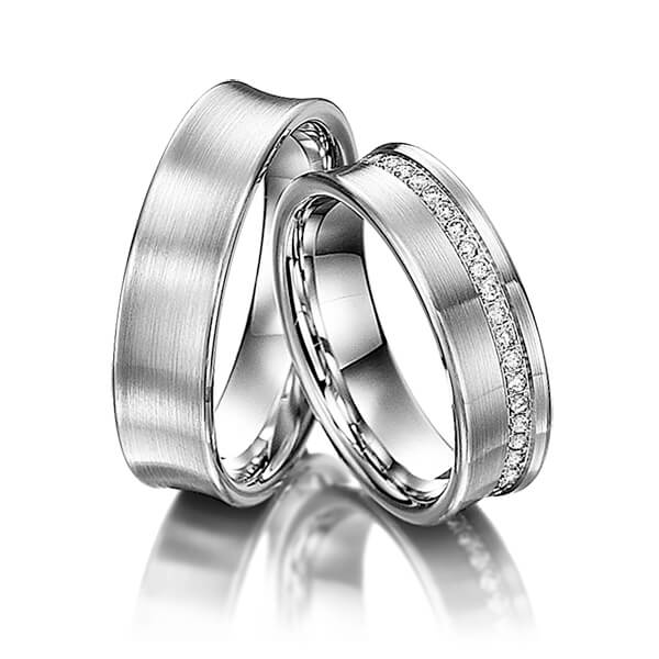 Paar klassische Memoire-Trauringe/Eheringe in Weißgold 375 halbausgefasst mit zus. 0,21 ct. Brillant tw, si - NP-1041-1