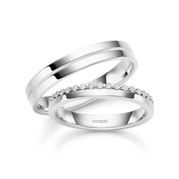 Paar klassische Memoire-Trauringe/Eheringe in Weissgold 585 halbausgefasst mit zus. 0,21 ct. tw, vs von acredo