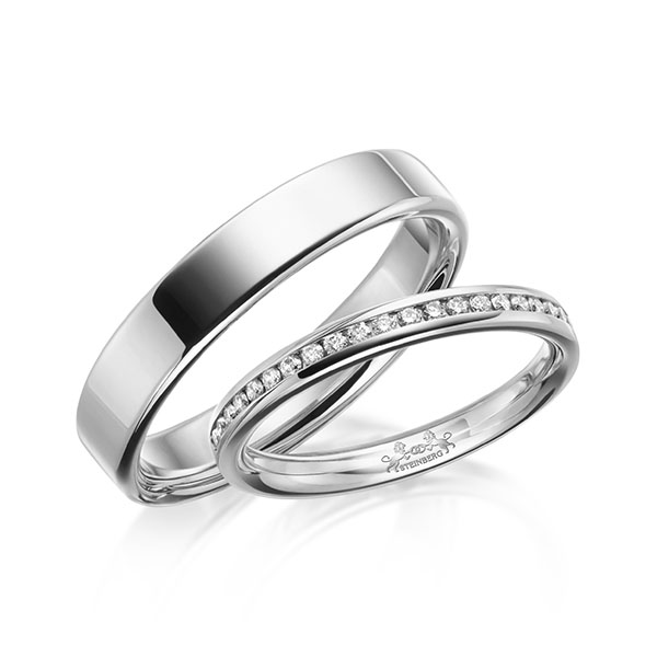 Paar klassische Memoire-Trauringe/Eheringe in Weissgold 585 halbausgefasst mit zus. 0,22 ct. Brillant tw, si von Steinberg