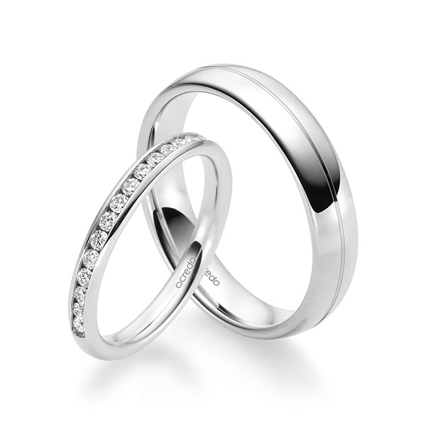 Paar klassische Memoire-Trauringe/Eheringe in Weissgold 585 halbausgefasst mit zus. 0,36 ct. Brillant tw, si von acredo - A-1682-2