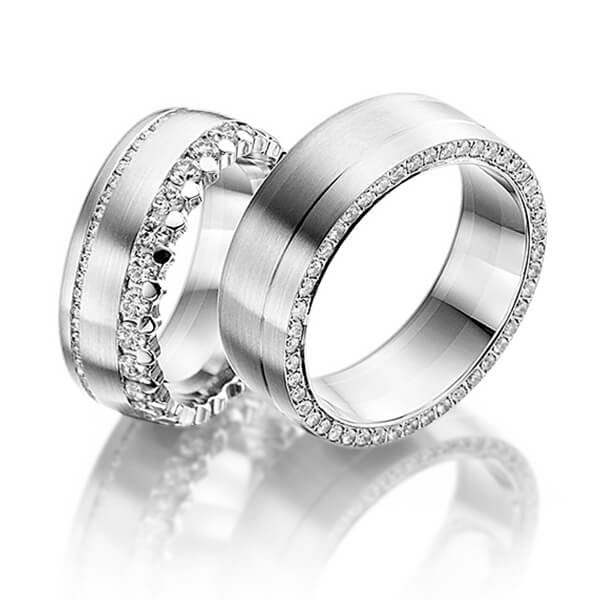 Paar klassische Memoire-Trauringe/Eheringe in Weißgold 585 vollausgefasst mit zus. 2,15 ct. Brillant tw, si von Steinberg - Q-1146-10 Paar klassische Memoire-Trauringe/Eheringe in Weißgold 585 vollausgefasst mit zus. 2,15 ct. Brillant tw, si von Steinberg - Q-1146-10