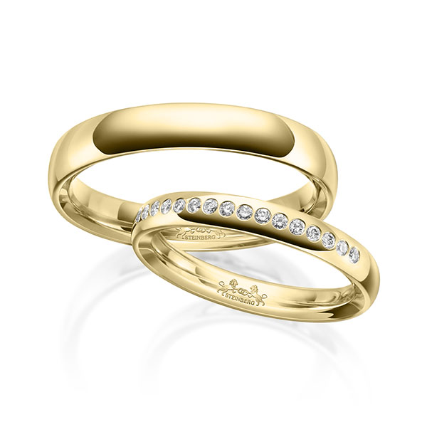 Paar klassische Trauringe/Eheringe in aussen Gelbgold 585 , innen Gelbgold 585 mit zus. 0,16 ct. Brillant tw, si von Steinberg - Q-1637-4 Paar klassische Trauringe/Eheringe in aussen Gelbgold 585 , innen Gelbgold 585 mit zus. 0,16 ct. Brillant tw, si von Steinberg - Q-1637-4
