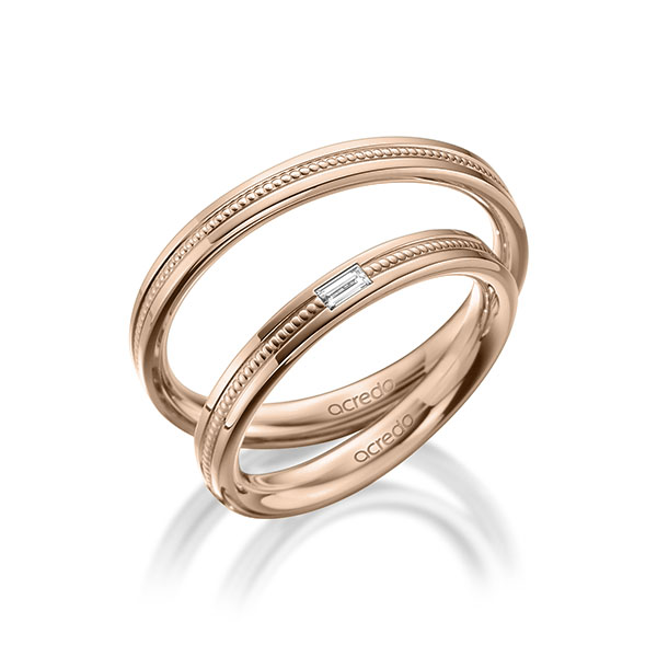 Paar klassische Trauringe/Eheringe in außen Rotgold 585 , innen Rotgold 585 mit zus. 0,05 ct. Baguette-Diamant tw, vs von acredo - A-1751-5
