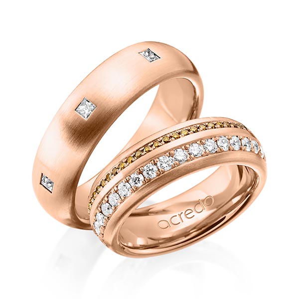 Paar klassische Trauringe/Eheringe in außen Rotgold 585 , innen Rotgold 585 mit zus. 0,7 ct. Prinzess-Diamant r, if von acredo