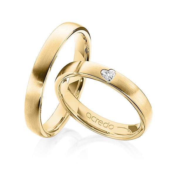 Paar klassische Trauringe/Eheringe in Gelbgold 375 mit zus. 0,08 ct. Herz-Diamant tw, vs von acredo - A-1242-1 Paar klassische Trauringe/Eheringe in Gelbgold 375 mit zus. 0,08 ct. Herz-Diamant tw, vs von acredo - A-1242-1