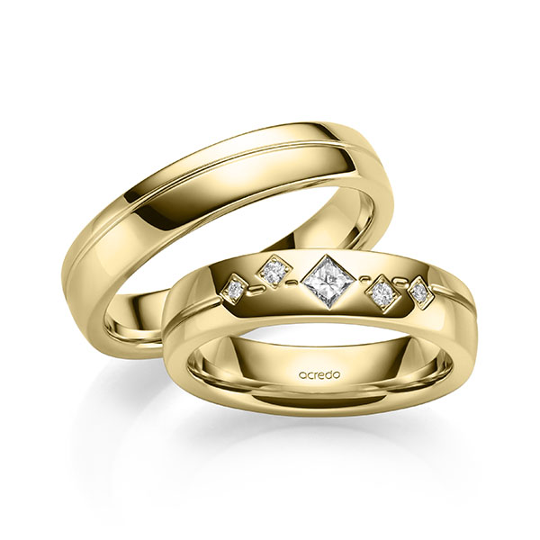Paar klassische Trauringe/Eheringe in Gelbgold 375 mit zus. 0,146 ct. Brillant & Prinzess-Diamant tw, si tw, vs von acredo - A-2127-2