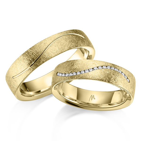 Paar klassische Trauringe/Eheringe in Gelbgold 375 mit zus. 0,1 ct. Brillant tw, si von Merii - M-1281-5 Paar klassische Trauringe/Eheringe in Gelbgold 375 mit zus. 0,1 ct. Brillant tw, si von Merii - M-1281-5
