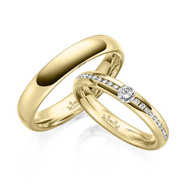 Paar klassische Trauringe/Eheringe in Gelbgold 375 mit zus. 0,31 ct. Brillant tw, si von Steinberg - Q-1631-1 Paar klassische Trauringe/Eheringe in Gelbgold 375 mit zus. 0,31 ct. Brillant tw, si von Steinberg - Q-1631-1