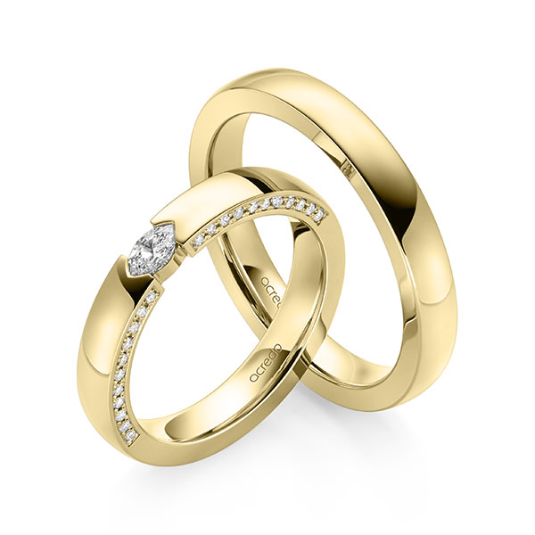 Paar klassische Trauringe/Eheringe in Gelbgold 375 mit zus. 0,37 ct. Brillant tw, vs tw, si von acredo - A-2166-2