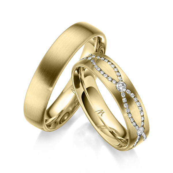 Paar klassische Trauringe/Eheringe in Gelbgold 375 mit zus. 0,915 ct. Brillant w, si von Merii - M-1279-2
