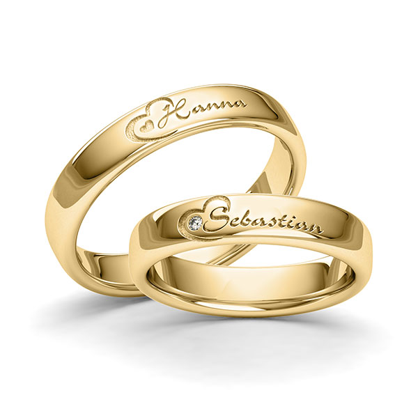 Paar klassische Trauringe/Eheringe in Gelbgold 585 Herz mit zus. 0,01 ct. Brillant tw, si von 123GOLD
