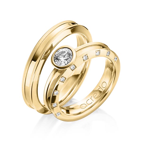 Paar klassische Trauringe/Eheringe in Gelbgold 585 mit 0,5 ct. + zus. 0,09 ct. Brillant tw, vs tw, si von acredo - A-1200-7