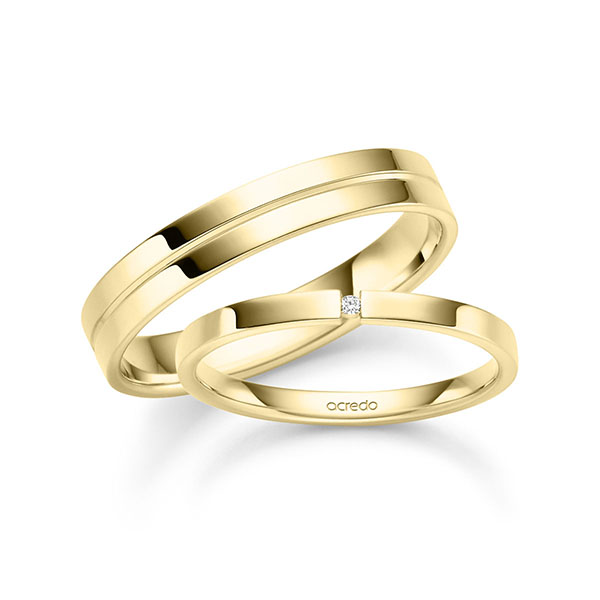 Paar klassische Trauringe/Eheringe in Gelbgold 585 mit zus. 0,008 ct. Brillant tw, si von acredo