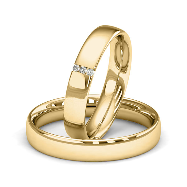 Paar klassische Trauringe/Eheringe in Gelbgold 585 mit zus. 0,024 ct. Brillant tw, si von Merii - M-1223-1 Paar klassische Trauringe/Eheringe in Gelbgold 585 mit zus. 0,024 ct. Brillant tw, si von Merii - M-1223-1