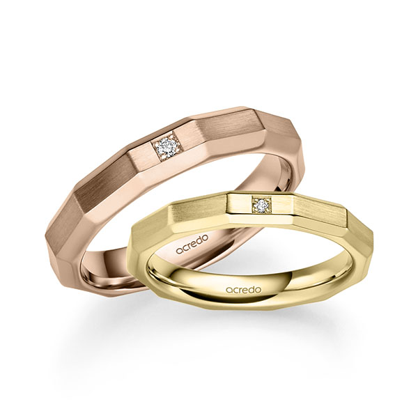 Paar klassische Trauringe/Eheringe in Gelbgold 585 mit zus. 0,028 ct. Brillant tw, si von acredo