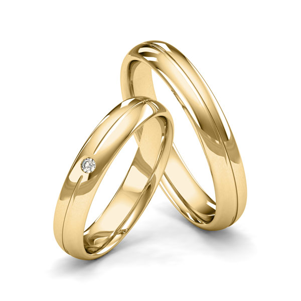 Paar klassische Trauringe/Eheringe in Gelbgold 585 mit zus. 0,02 ct. Brillant tw, si von Merii - M-1205-2 Paar klassische Trauringe/Eheringe in Gelbgold 585 mit zus. 0,02 ct. Brillant tw, si von Merii - M-1205-2