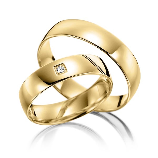 Paar klassische Trauringe/Eheringe in Gelbgold 585 mit zus. 0,02 ct. Brillant tw, vs - NP-1177-2