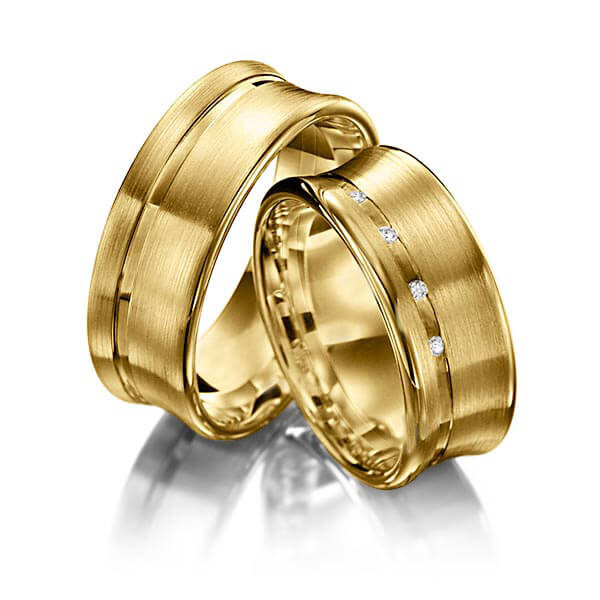 Paar klassische Trauringe/Eheringe in Gelbgold 585 mit zus. 0,032 ct. Brillant tw, si von Merii