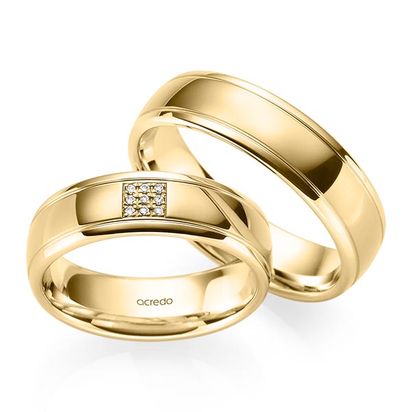 Paar klassische Trauringe/Eheringe in Gelbgold 585 mit zus. 0,045 ct. Brillant tw, si von acredo