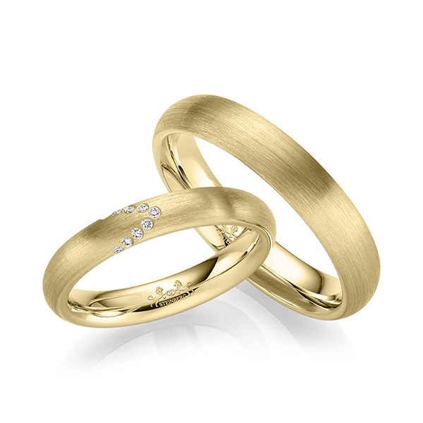 Paar klassische Trauringe/Eheringe in Gelbgold 585 mit zus. 0,045 ct. Brillant tw, si von Steinberg - Q-1673-1 Paar klassische Trauringe/Eheringe in Gelbgold 585 mit zus. 0,045 ct. Brillant tw, si von Steinberg - Q-1673-1