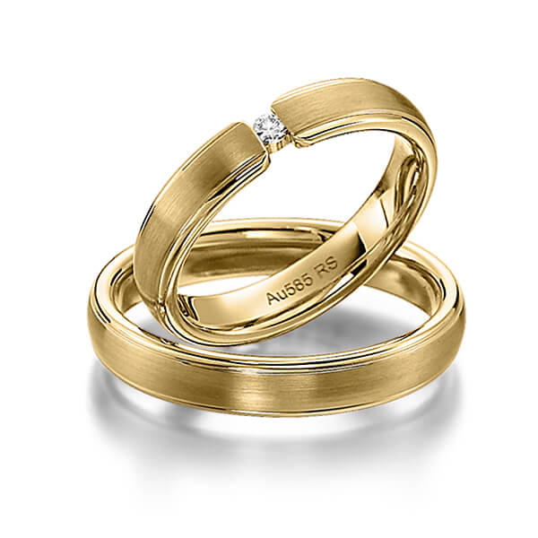 Paar klassische Trauringe/Eheringe in Gelbgold 585 mit zus. 0,04 ct. Brillant tw, si von acredo