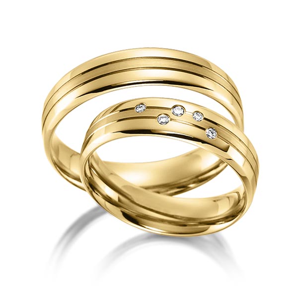 Paar klassische Trauringe/Eheringe in Gelbgold 585 mit zus. 0,051 ct. Brillant tw, si von acredo - S-1160-5 Paar klassische Trauringe/Eheringe in Gelbgold 585 mit zus. 0,051 ct. Brillant tw, si von acredo - S-1160-5