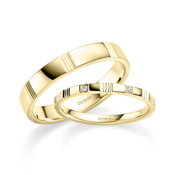Paar klassische Trauringe/Eheringe in Gelbgold 585 mit zus. 0,056 ct. Brillant tw, si von acredo