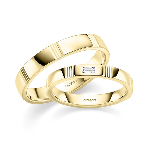 Paar klassische Trauringe/Eheringe in Gelbgold 585 mit zus. 0,05 ct. Baguette-Diamant tw, vs von acredo