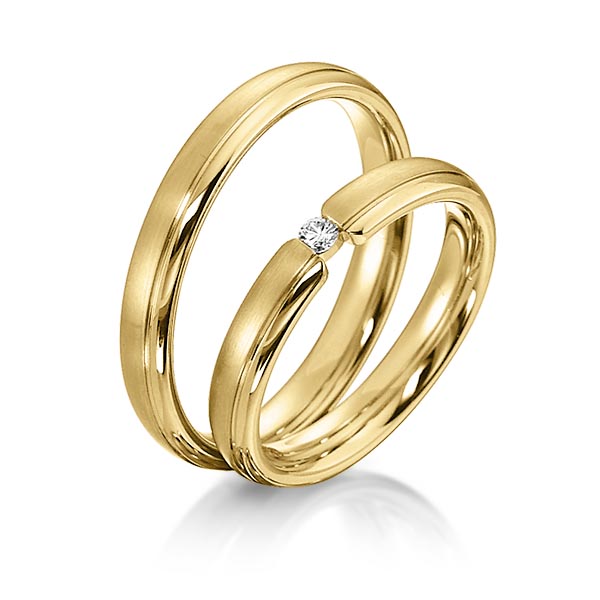 Paar klassische Trauringe/Eheringe in Gelbgold 585 mit zus. 0,05 ct. Brillant tw, si von acredo