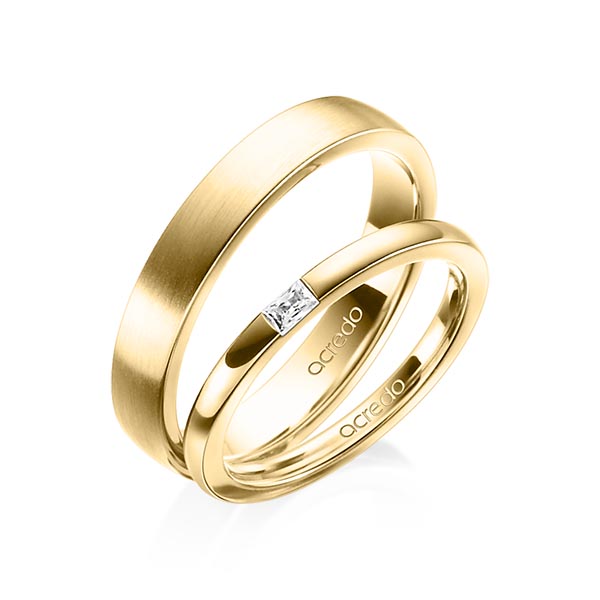 Paar klassische Trauringe/Eheringe in Gelbgold 585 mit zus. 0,07 ct. Baguette-Diamant tw, vs von acredo