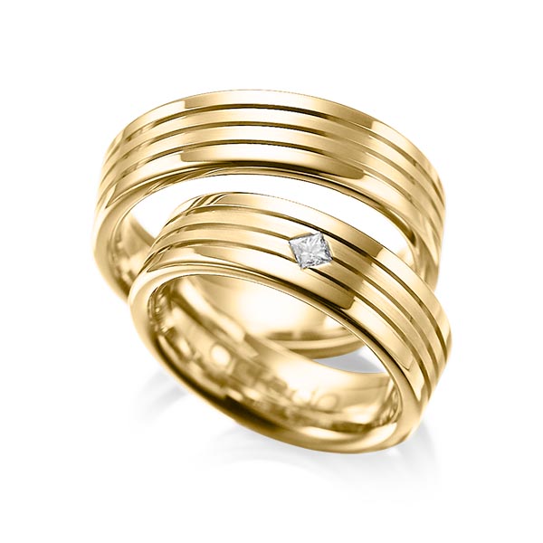 Paar klassische Trauringe/Eheringe in Gelbgold 585 mit zus. 0,08 ct. Prinzess-Diamant tw, si von acredo - A-1023-9 Paar klassische Trauringe/Eheringe in Gelbgold 585 mit zus. 0,08 ct. Prinzess-Diamant tw, si von acredo - A-1023-9