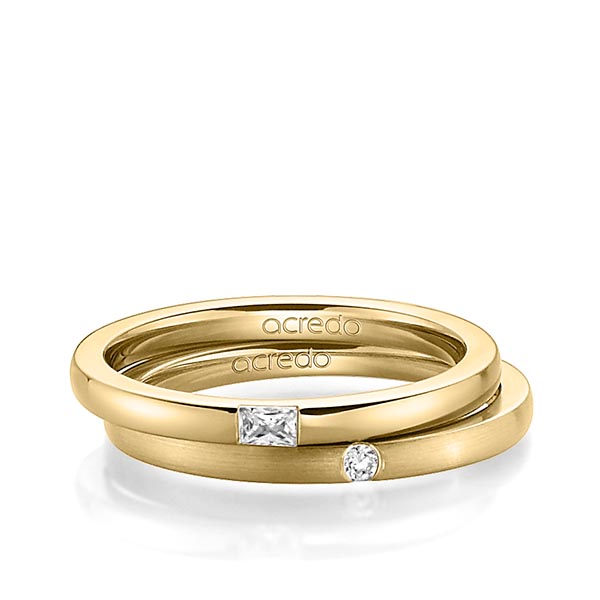 Paar klassische Trauringe/Eheringe in Gelbgold 585 mit zus. 0,095 ct. Baguette-Diamant & Brillant tw, vs tw, si von acredo