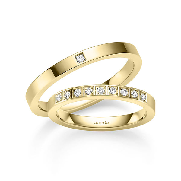Paar klassische Trauringe/Eheringe in Gelbgold 585 mit zus. 0,155 ct. Brillant & Prinzess-Diamant tw, vs von acredo - S-1374-4 Paar klassische Trauringe/Eheringe in Gelbgold 585 mit zus. 0,155 ct. Brillant & Prinzess-Diamant tw, vs von acredo - S-1374-4