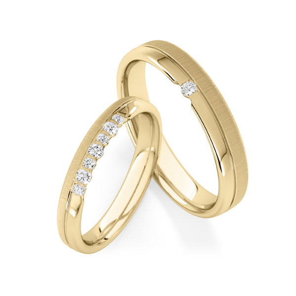 Paar klassische Trauringe/Eheringe in Gelbgold 585 mit zus. 0,18 ct. tw, si tw, vs von Steinberg