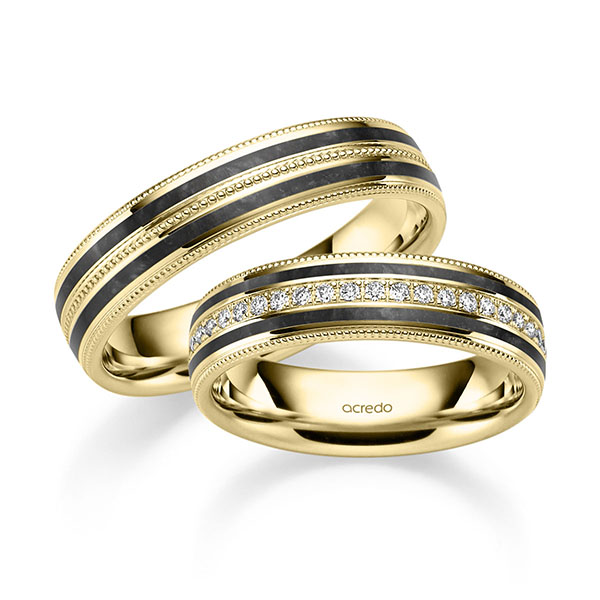 Paar klassische Trauringe/Eheringe in Gelbgold 585 mit zus. 0,192 ct. Brillant tw, si von acredo